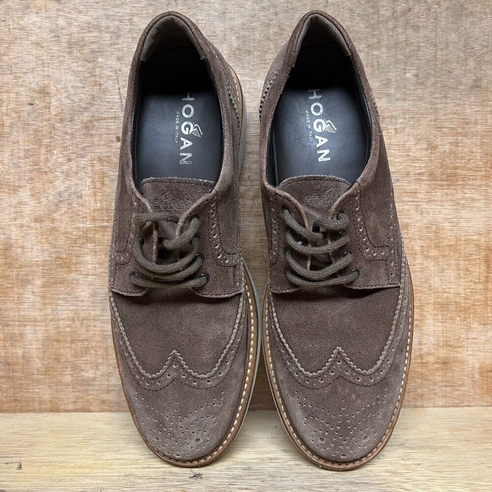 Hogan Men Size 10 US, 9 UK Shoes Brown Suede‎ Brogue Wingtip Oxford Derby Dress - Picture 5 of 10